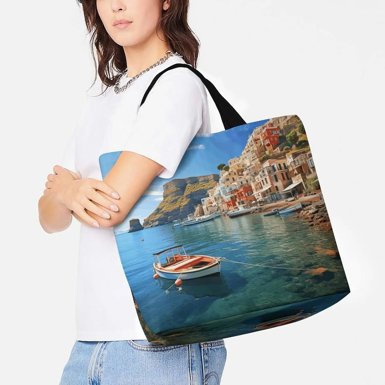 Shopping Bag for Women, Seaside Town Tote Bag, Large Capacity Shoulder Bags for Groceries Travel