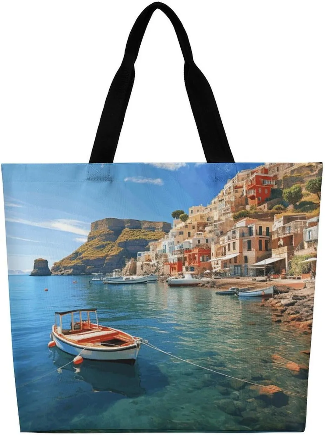 Shopping Bag for Women, Seaside Town Tote Bag, Large Capacity Shoulder Bags for Groceries Travel