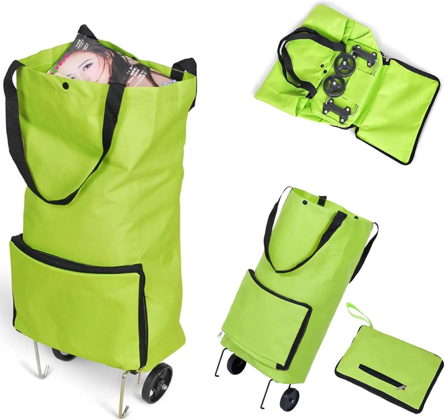 Shopping Cart with Wheels Tug Foldable Grocery Carts Large Capacity Supermarket Tug Bag Home Portable Oxford Cloth Pull Rod Push Bag Utility Cart for Condo Apartment Picnic Beach Travel,Green