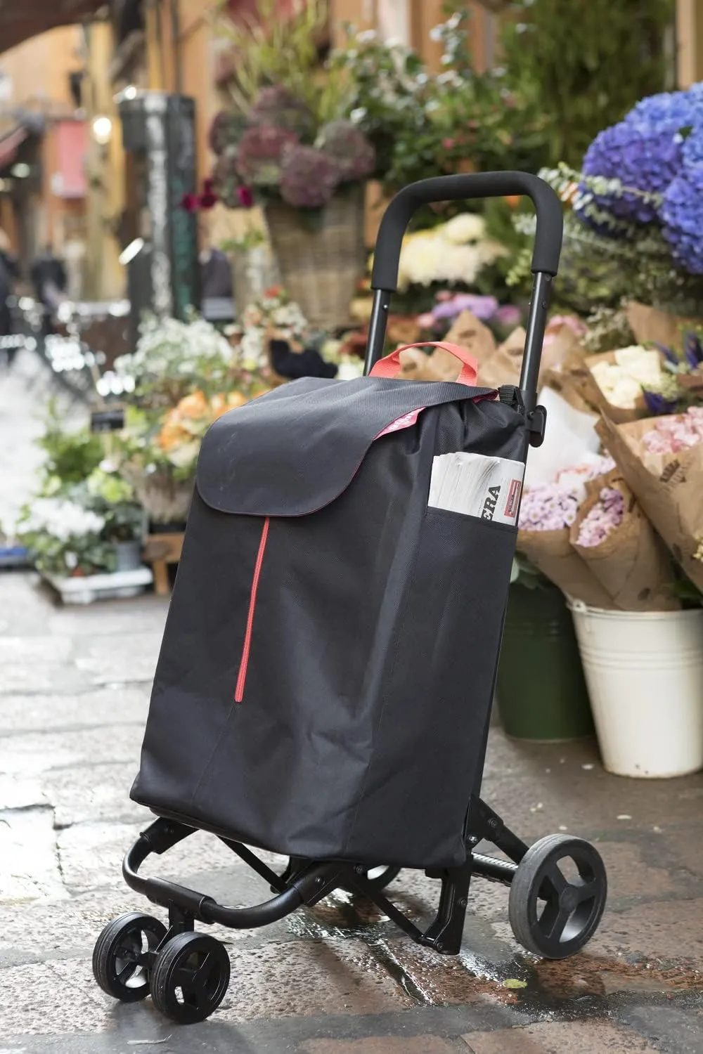 Shopping Trolley New Twin 4 Wheels, Polyester Bag with Drawstring Closure, 4 Wheels Allow Easy Transport, Black