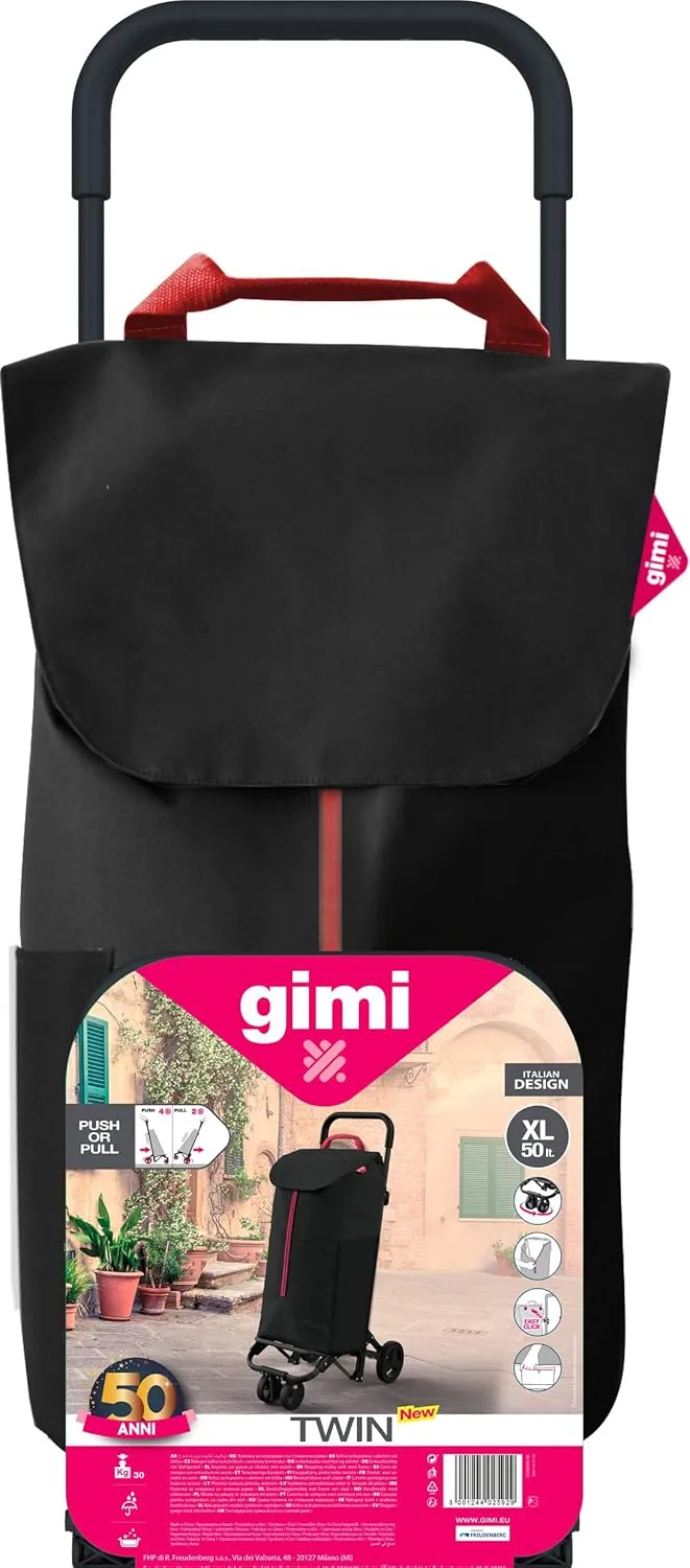 Shopping Trolley New Twin 4 Wheels, Polyester Bag with Drawstring Closure, 4 Wheels Allow Easy Transport, Black