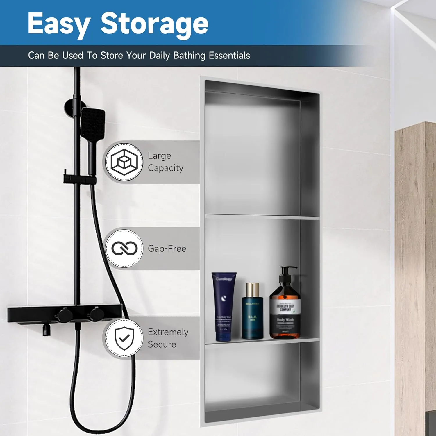 Shower Niche 13 × 31, 3 Shelves Wall Niche Recessed Shelf for Bathroom Storage, Shower Niche Insert Tile Ready No Tile Needed Over Mount Installation, Brushed Nickel
