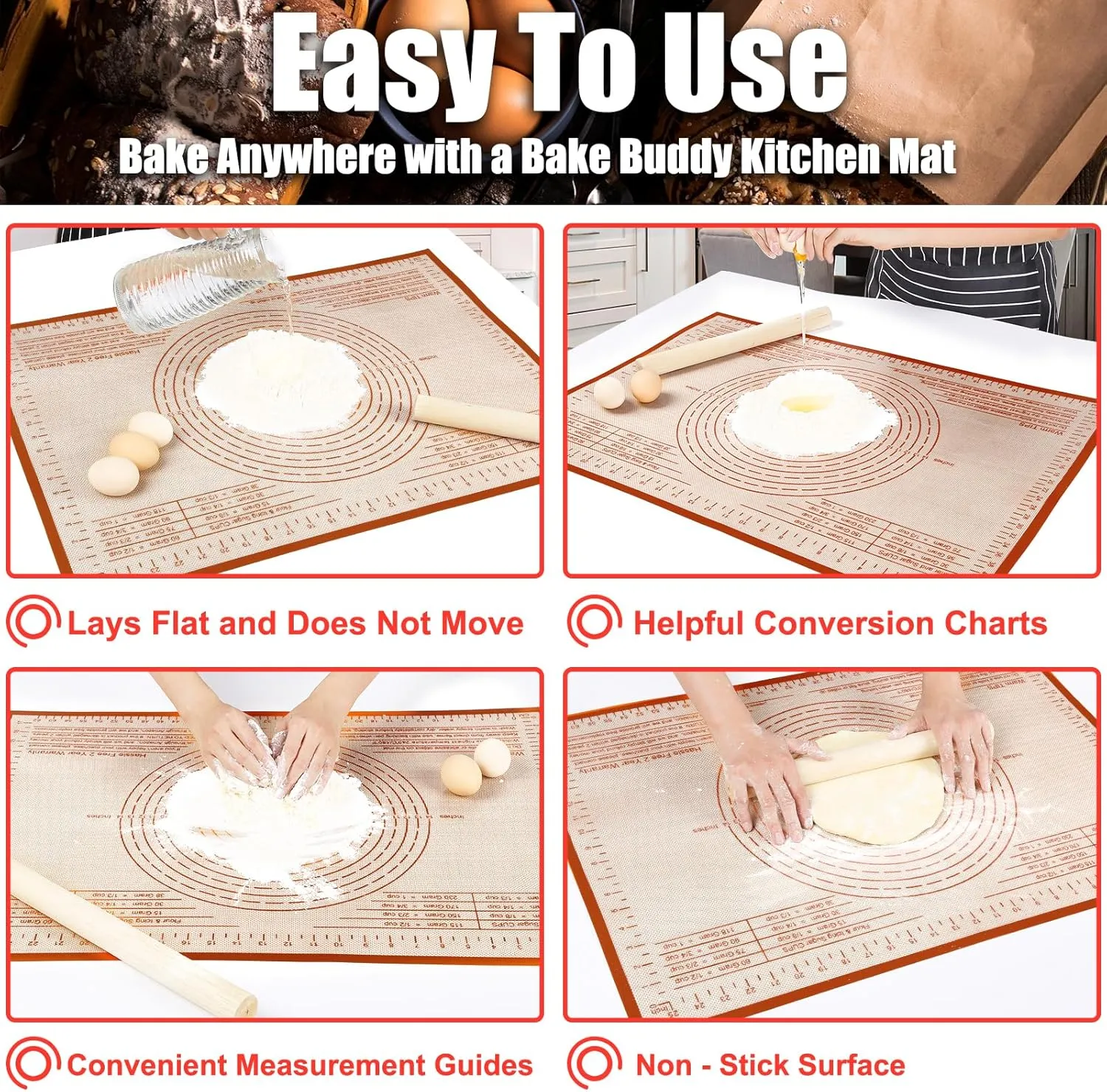 Silicone Baking Mat 36x24 Inch Nonstick Pastry Mat Perfect for Dough Mat, Pastry Board, Kitchen Counter Mat - For Dough, Pastry, Pie Crust, Fondant, Cookies, Bread, Pasta/Pizza, Red