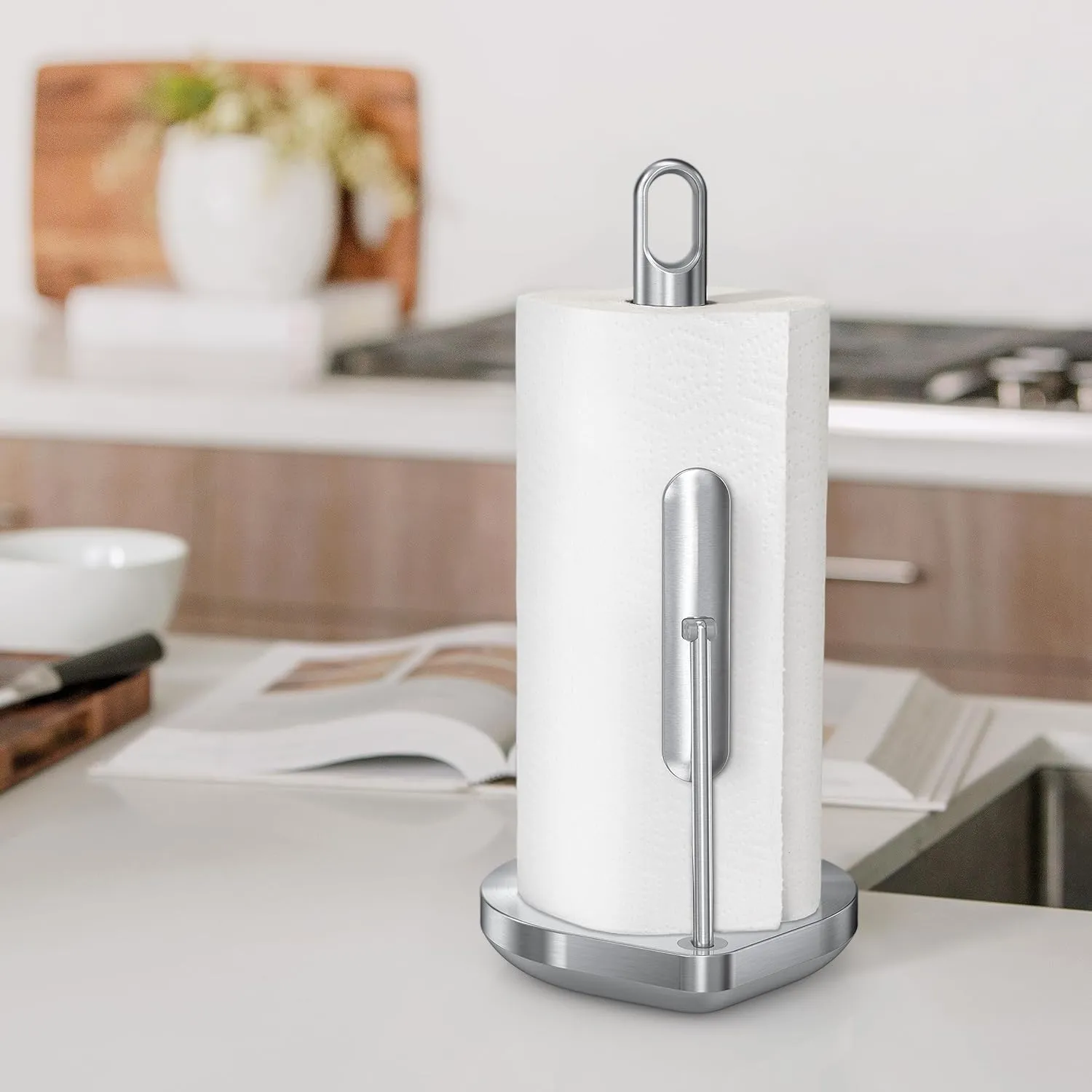 simplehuman Tension Arm Standing Paper Towel Holder, Heavy-Duty, Easy One-Handed Tear, Countertop Kitchen Paper Towel Dispenser, Brushed Stainless Steel