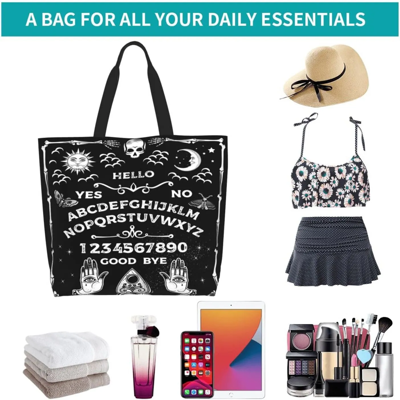 Skull Rose Tote Bag For Women, Large Shoulder Bags Foldable Grocery Handbag For Travel Shopping Sport Picnic