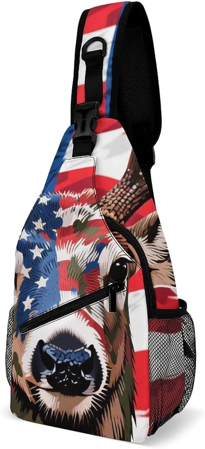 Sling Shoulder Backpack for Women Men Multipurpose Anti-Theft Casual Carrying Tote Case Crossbody Travel Bag Tactical Satchel, American Flag Camo Deer Camouflage Art Rucksack
