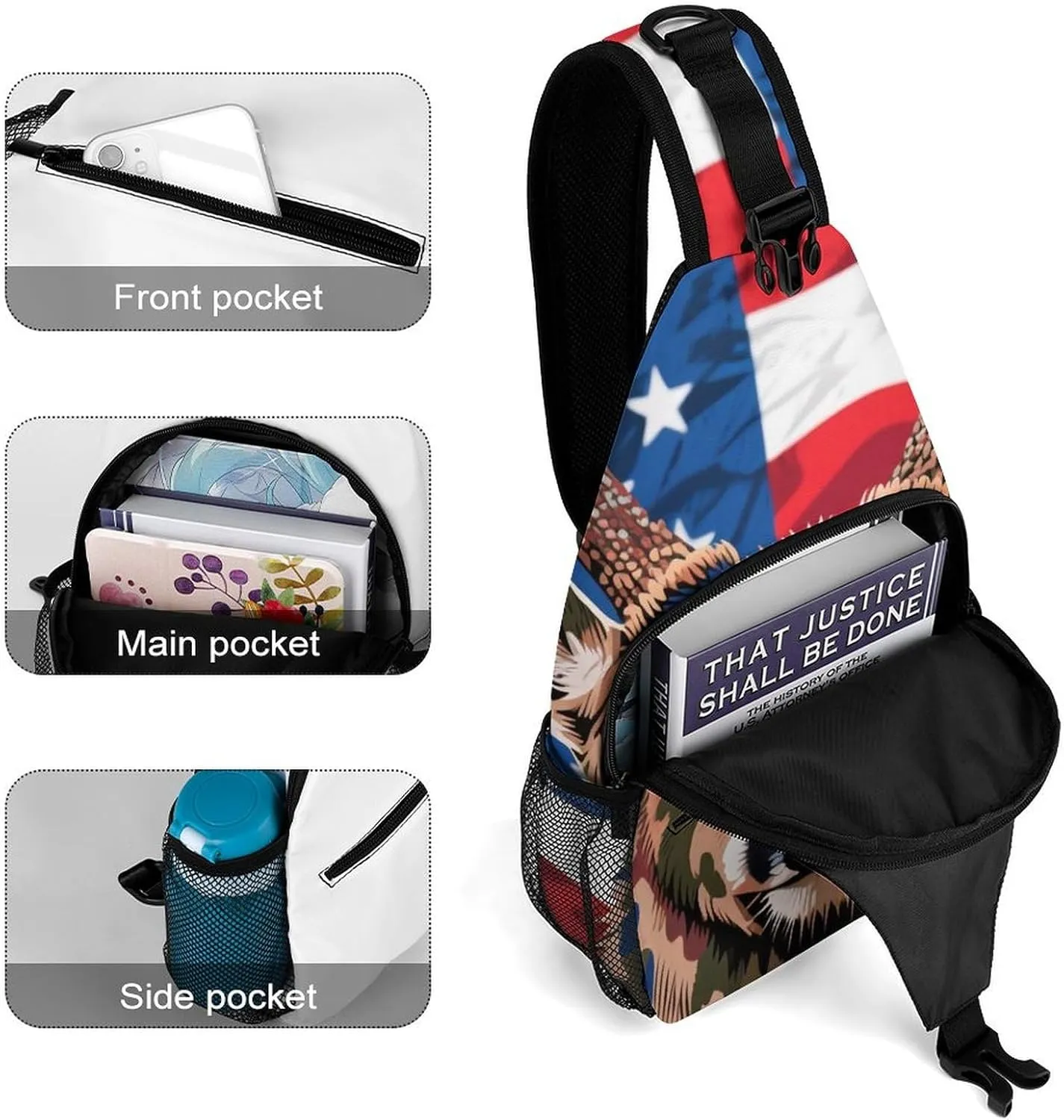 Sling Shoulder Backpack for Women Men Multipurpose Anti-Theft Casual Carrying Tote Case Crossbody Travel Bag Tactical Satchel, American Flag Camo Deer Camouflage Art Rucksack