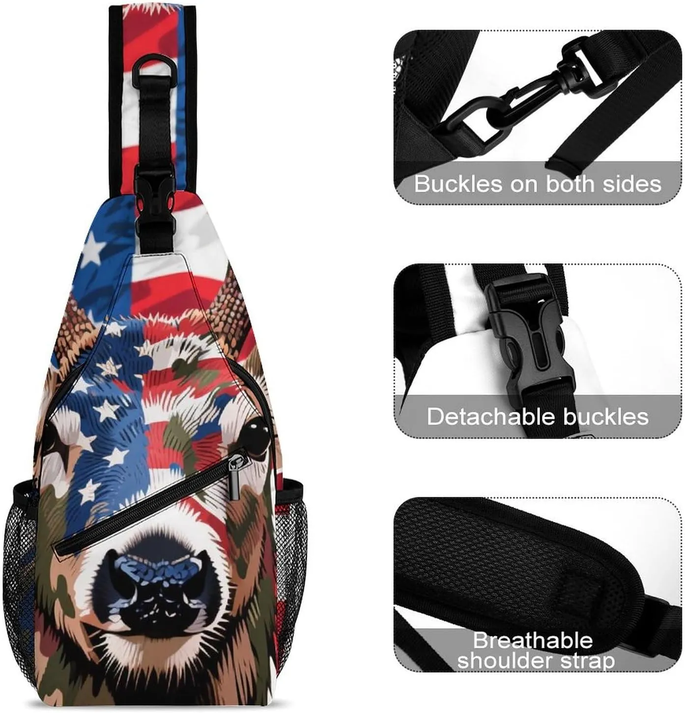 Sling Shoulder Backpack for Women Men Multipurpose Anti-Theft Casual Carrying Tote Case Crossbody Travel Bag Tactical Satchel, American Flag Camo Deer Camouflage Art Rucksack