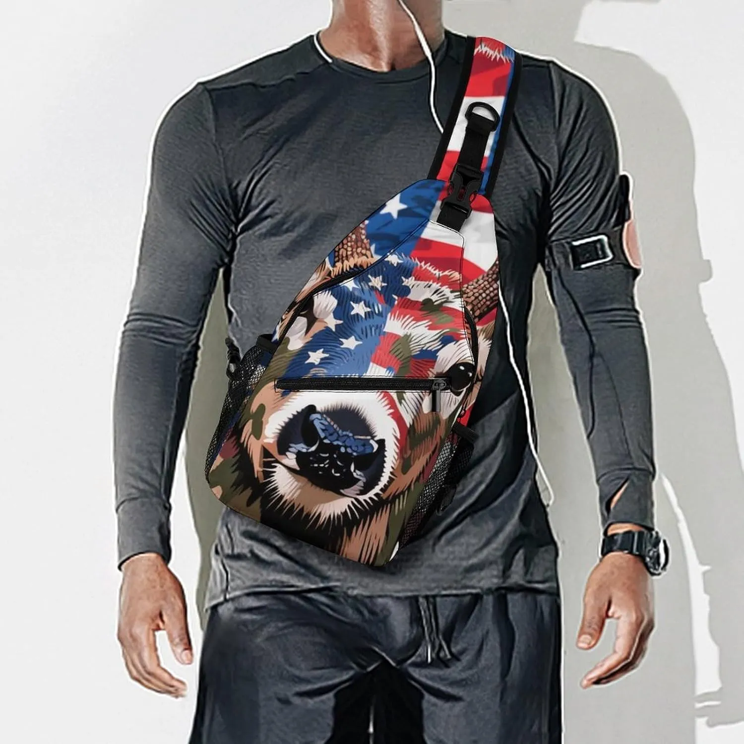 Sling Shoulder Backpack for Women Men Multipurpose Anti-Theft Casual Carrying Tote Case Crossbody Travel Bag Tactical Satchel, American Flag Camo Deer Camouflage Art Rucksack