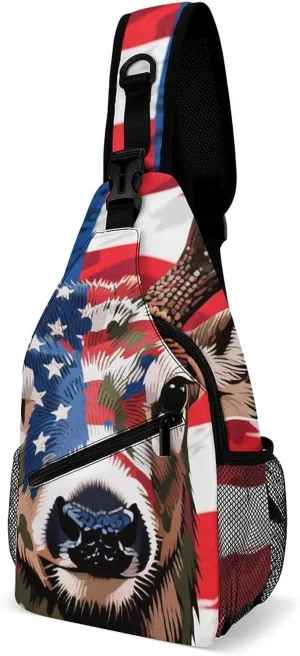 Sling Shoulder Backpack for Women Men Multipurpose Anti-Theft Casual Carrying Tote Case Crossbody Travel Bag Tactical Satchel, American Flag Camo Deer Camouflage Art Rucksack