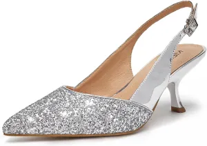 Slingback Kitten Heels for Women Closed Pointed Toe Low Heel Pumps Glitter Sparkly Rhinestone Heels
