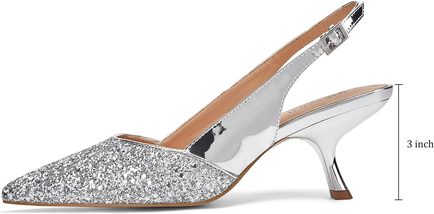 Slingback Kitten Heels for Women Closed Pointed Toe Low Heel Pumps Glitter Sparkly Rhinestone Heels