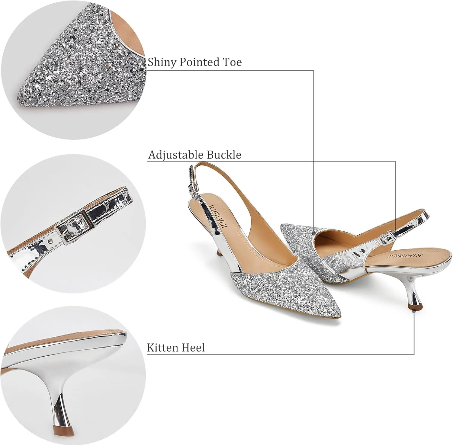 Slingback Kitten Heels for Women Closed Pointed Toe Low Heel Pumps Glitter Sparkly Rhinestone Heels
