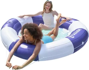 SLOOSH Inflatable Pool Lounger Float with Mesh, 80" x 80" Tanning Pool Floats, Double Lounger Round Ring for Adults, Floating Mat Raft for Lake and Beach with Cup Holder (Navyblue Strpie)