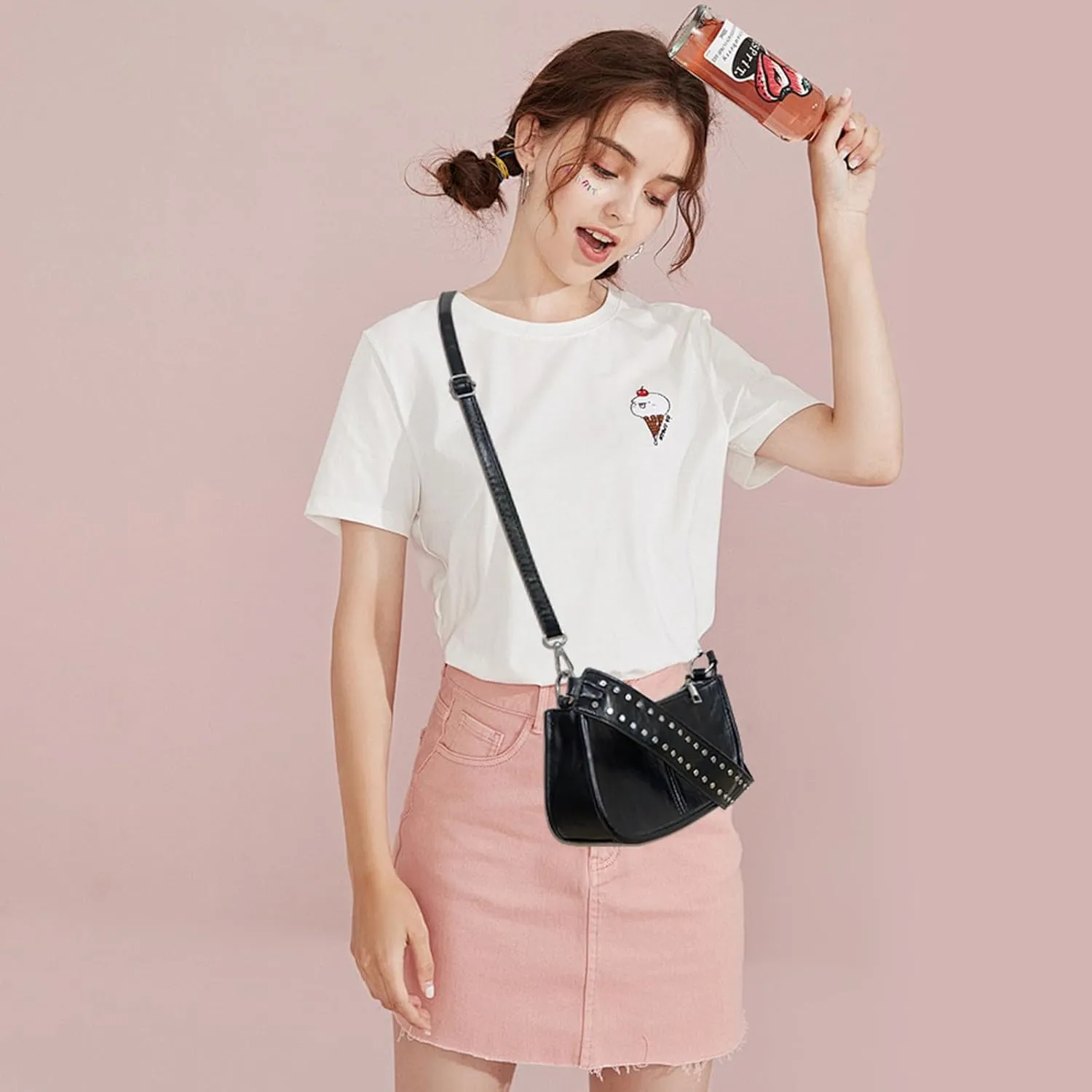 Small Black Shoulder Purses for Women Studded Purse Y2K Crossbody Bag Cute Trendy Mini Leather Handbag