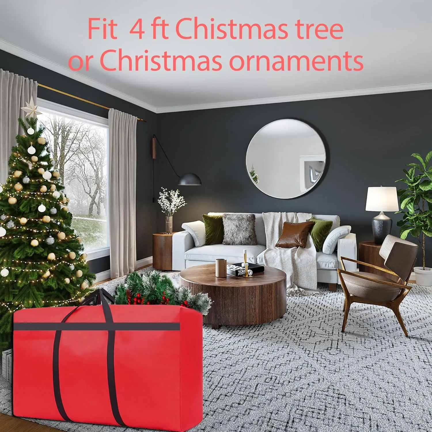 Small Christmas Tree Storage Bag 4Ft/5Ft Heavy Duty Reusable 600D Oxford Fabric Waterproof Dustproof Xmas Tree Bag/Container/Holder for Short Artificial Christmas Tree(39" X 12" X 24") Red