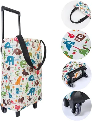 Small Collapsible Shopping Cart for Grocery Store, Lightweight Foldable Design with Wheels, Portable Compact Trolley for Women (Zoo)