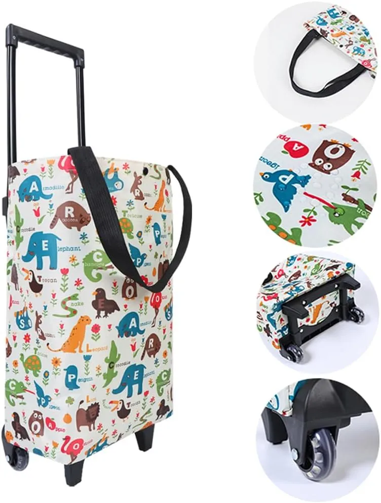 Small Collapsible Shopping Cart for Grocery Store, Lightweight Foldable Design with Wheels, Portable Compact Trolley for Women (Zoo)