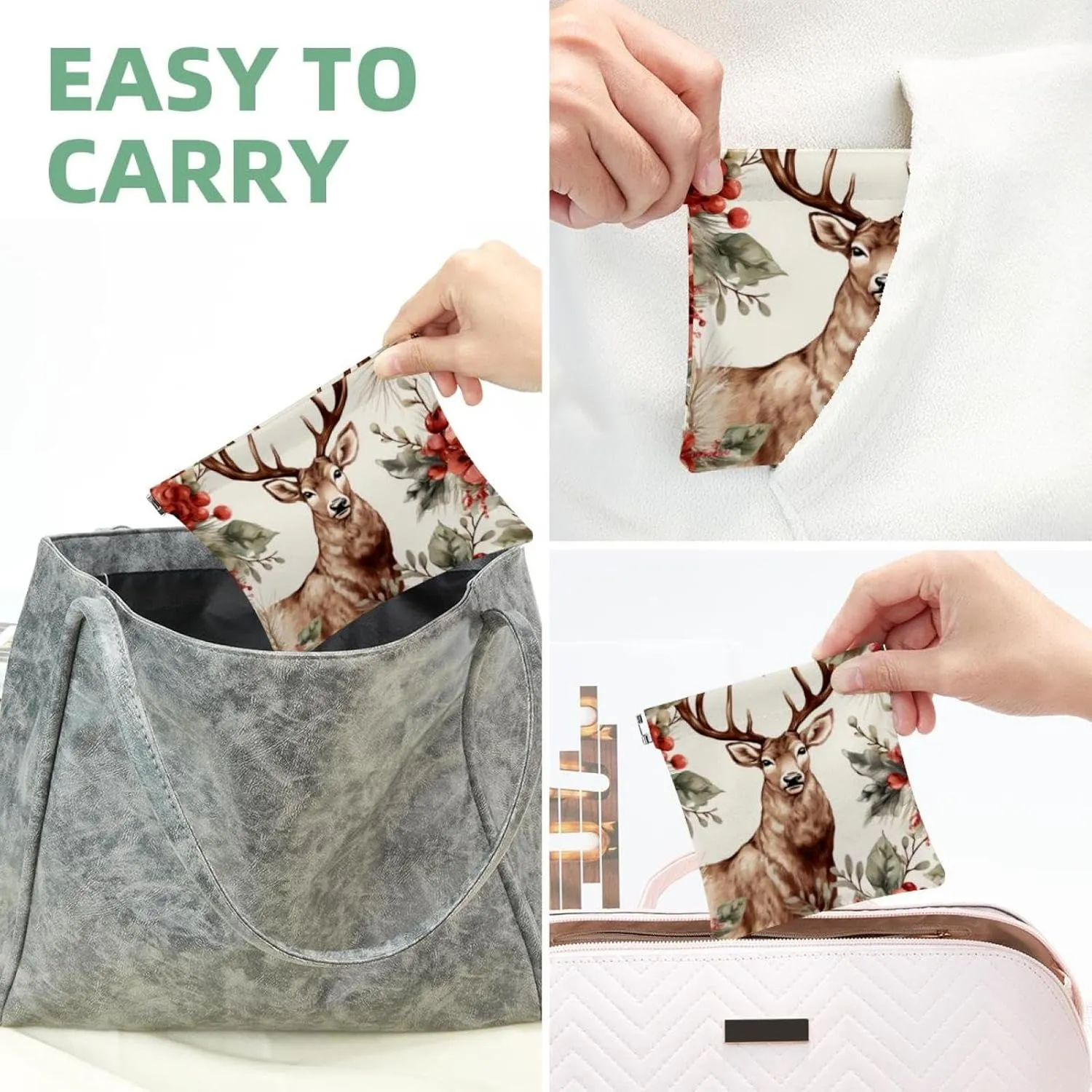 Small Pocket Cosmetic Bag, Squeeze Top Travel Makeup Bag for Purse, No Zipper Self-Closing Mini Makeup Pouch for Women Girls, Cute Christmas Elk-1843