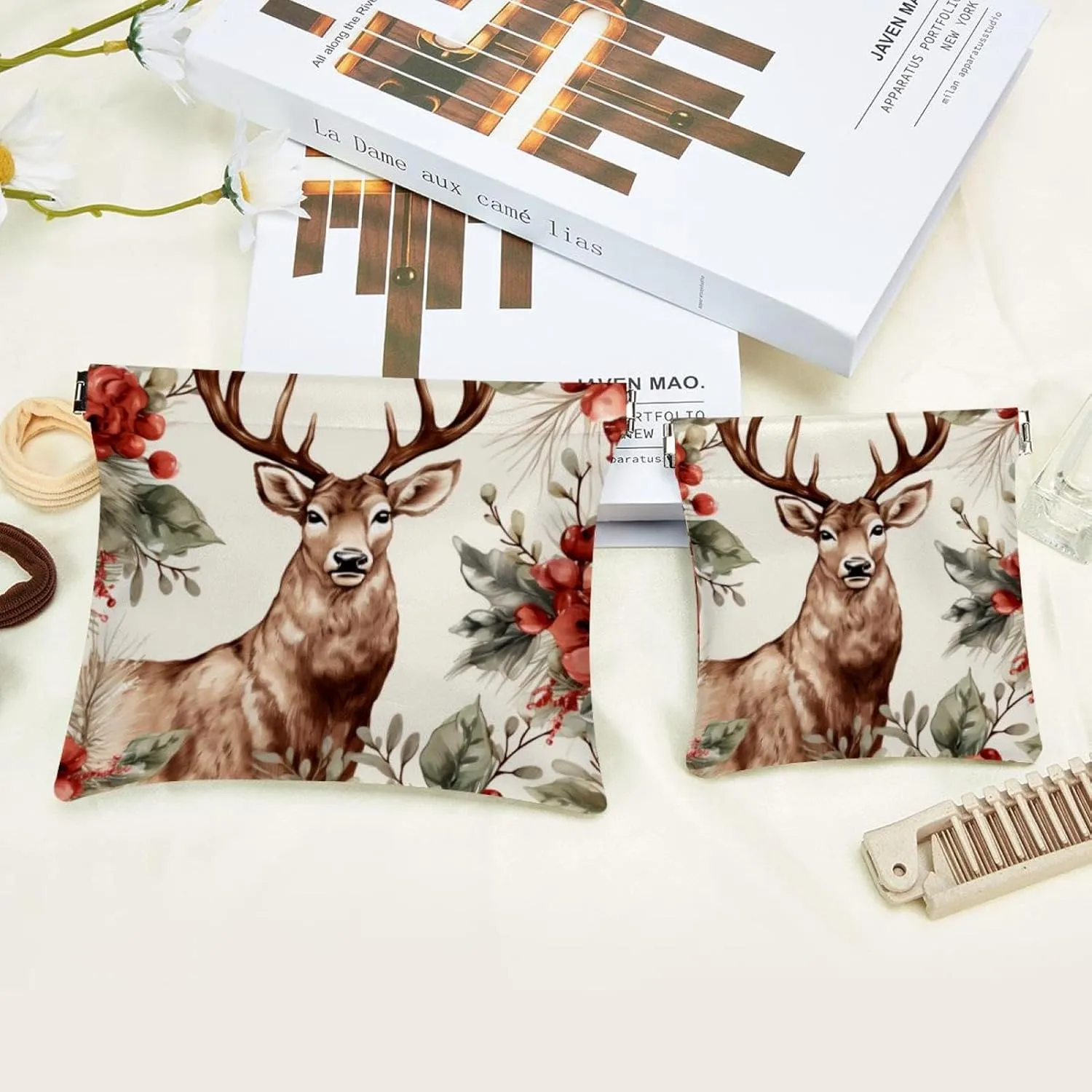 Small Pocket Cosmetic Bag, Squeeze Top Travel Makeup Bag for Purse, No Zipper Self-Closing Mini Makeup Pouch for Women Girls, Cute Christmas Elk-1843