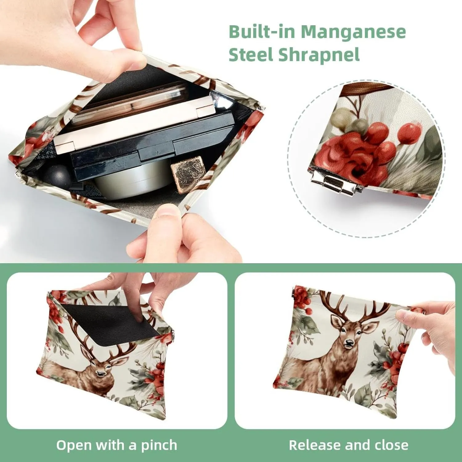 Small Pocket Cosmetic Bag, Squeeze Top Travel Makeup Bag for Purse, No Zipper Self-Closing Mini Makeup Pouch for Women Girls, Cute Christmas Elk-1843