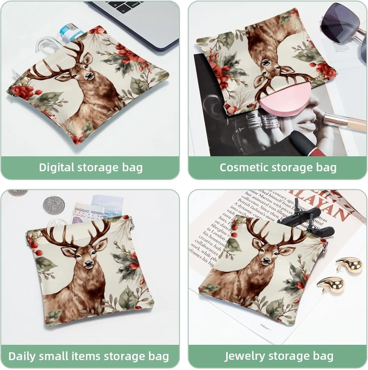 Small Pocket Cosmetic Bag, Squeeze Top Travel Makeup Bag for Purse, No Zipper Self-Closing Mini Makeup Pouch for Women Girls, Cute Christmas Elk-1843