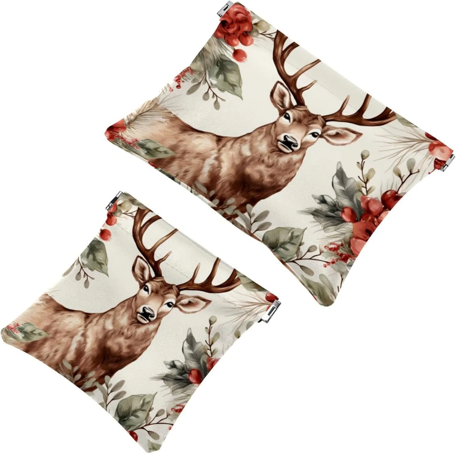 Small Pocket Cosmetic Bag, Squeeze Top Travel Makeup Bag for Purse, No Zipper Self-Closing Mini Makeup Pouch for Women Girls, Cute Christmas Elk-1843