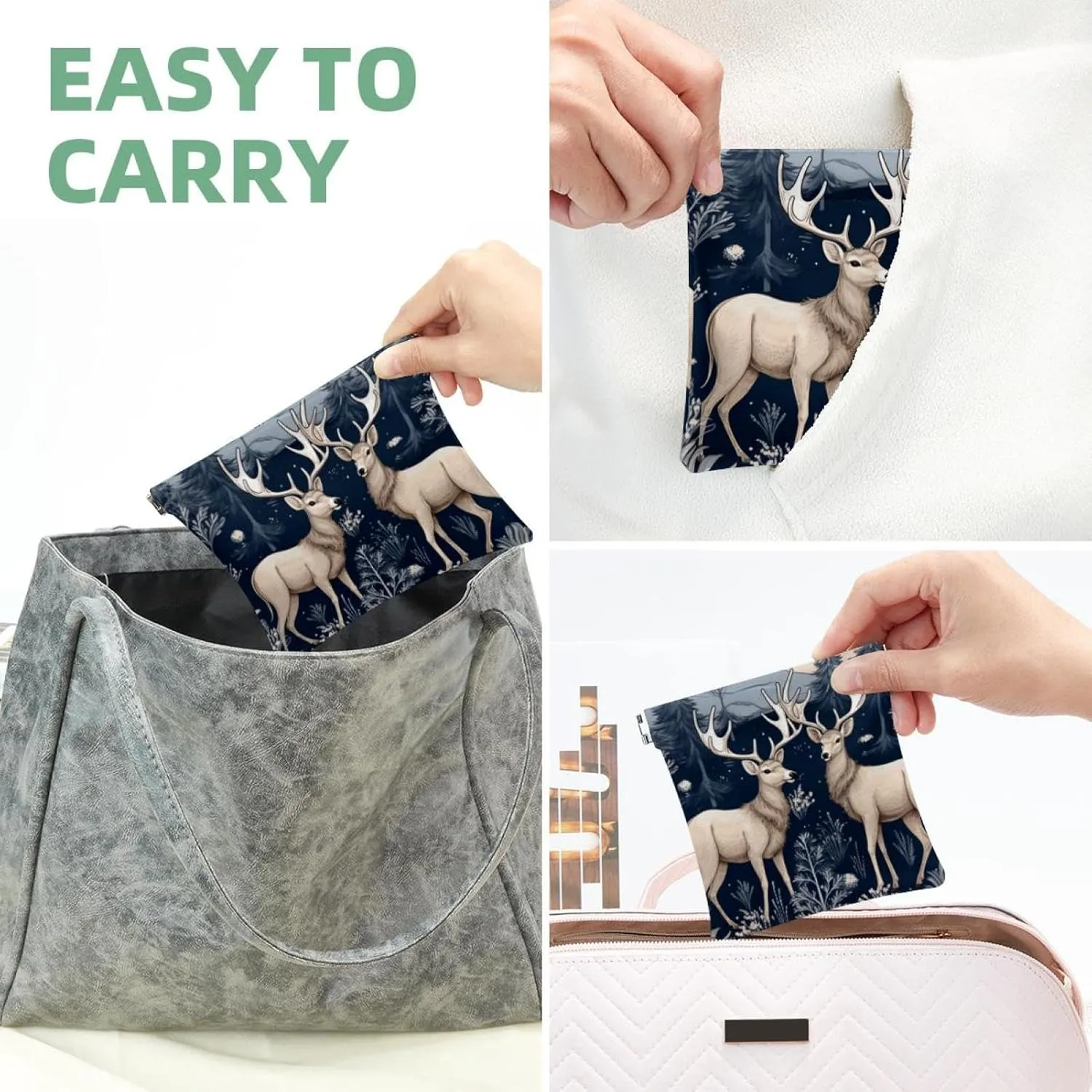 Small Pocket Cosmetic Bag, Squeeze Top Travel Makeup Bag for Purse, No Zipper Self-Closing Mini Makeup Pouch for Women Girls, Cute Christmas Elk-1871