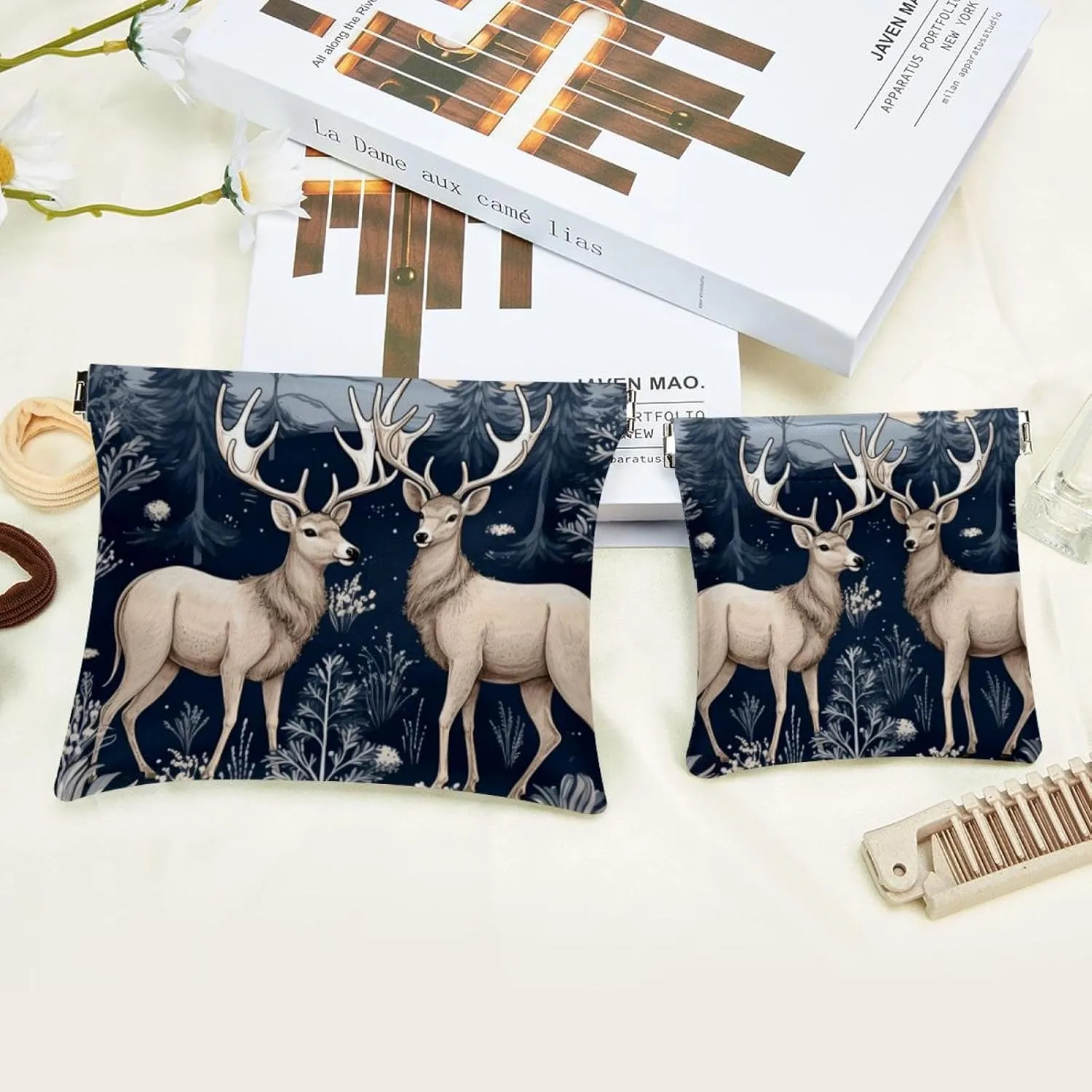 Small Pocket Cosmetic Bag, Squeeze Top Travel Makeup Bag for Purse, No Zipper Self-Closing Mini Makeup Pouch for Women Girls, Cute Christmas Elk-1871