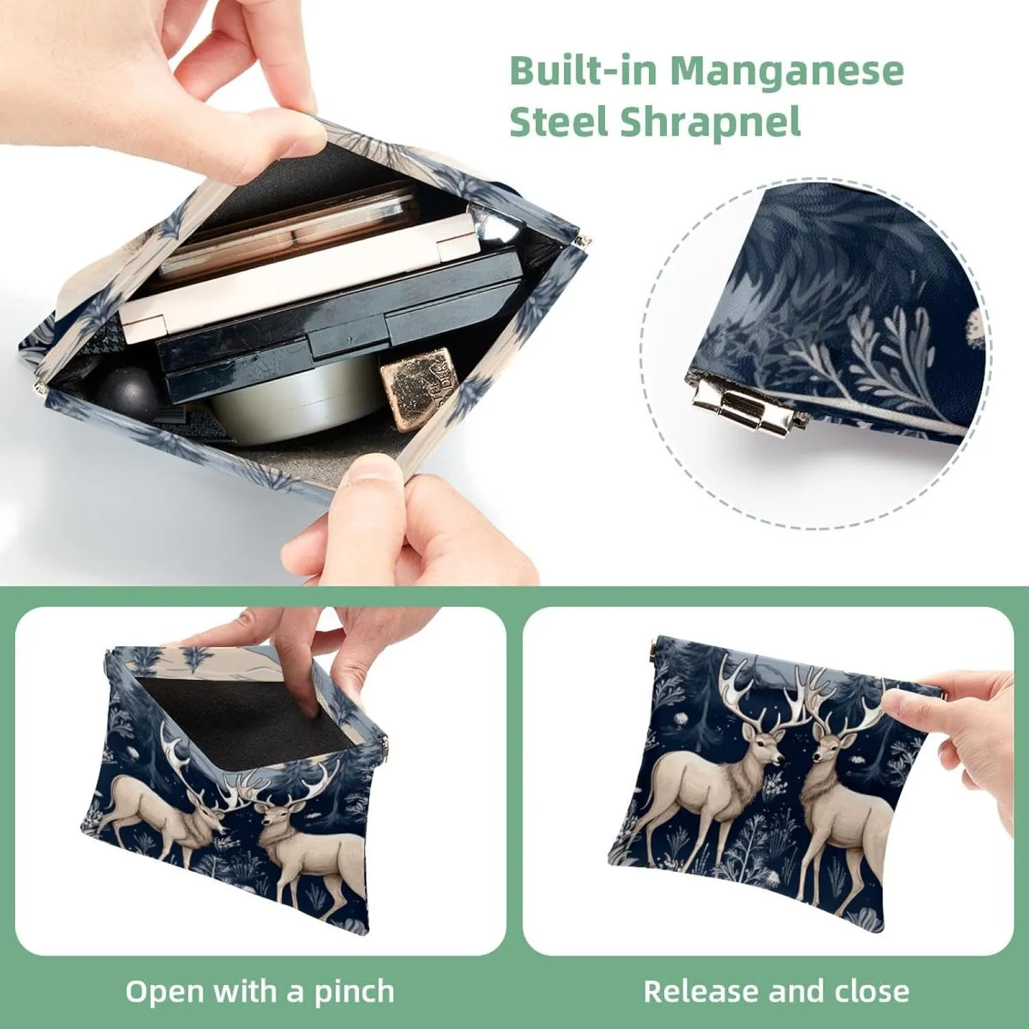 Small Pocket Cosmetic Bag, Squeeze Top Travel Makeup Bag for Purse, No Zipper Self-Closing Mini Makeup Pouch for Women Girls, Cute Christmas Elk-1871