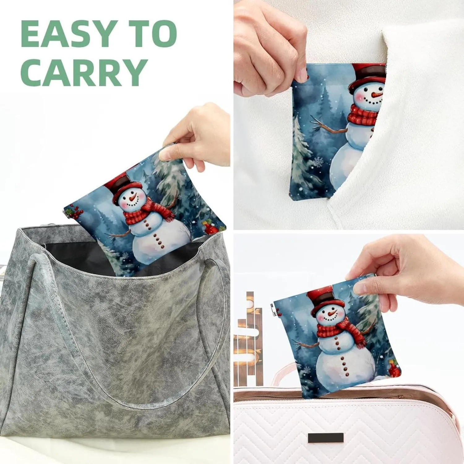 Small Pocket Cosmetic Bag, Squeeze Top Travel Makeup Bag for Purse, No Zipper Self-Closing Mini Makeup Pouch for Women Girls, Cute Christmas Snowman-1831