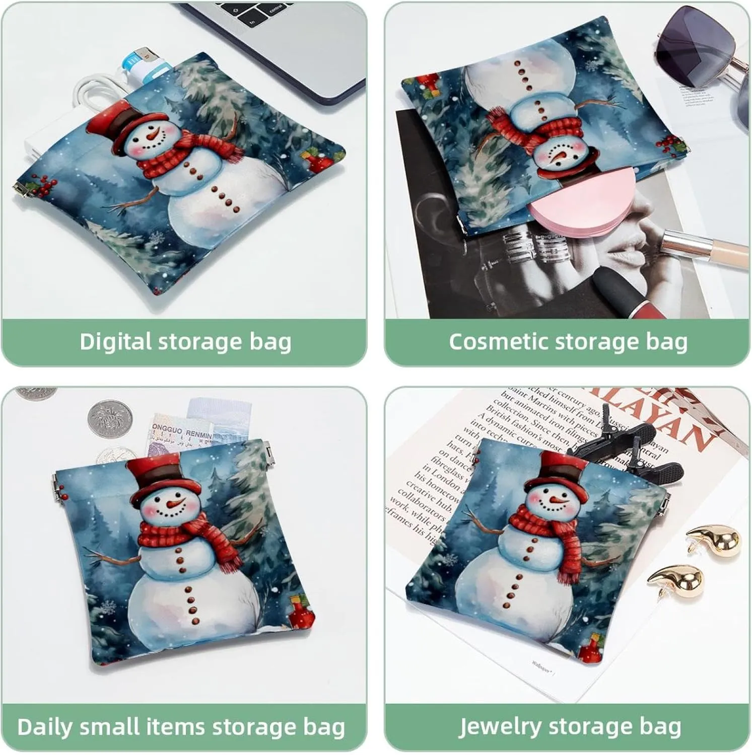 Small Pocket Cosmetic Bag, Squeeze Top Travel Makeup Bag for Purse, No Zipper Self-Closing Mini Makeup Pouch for Women Girls, Cute Christmas Snowman-1831