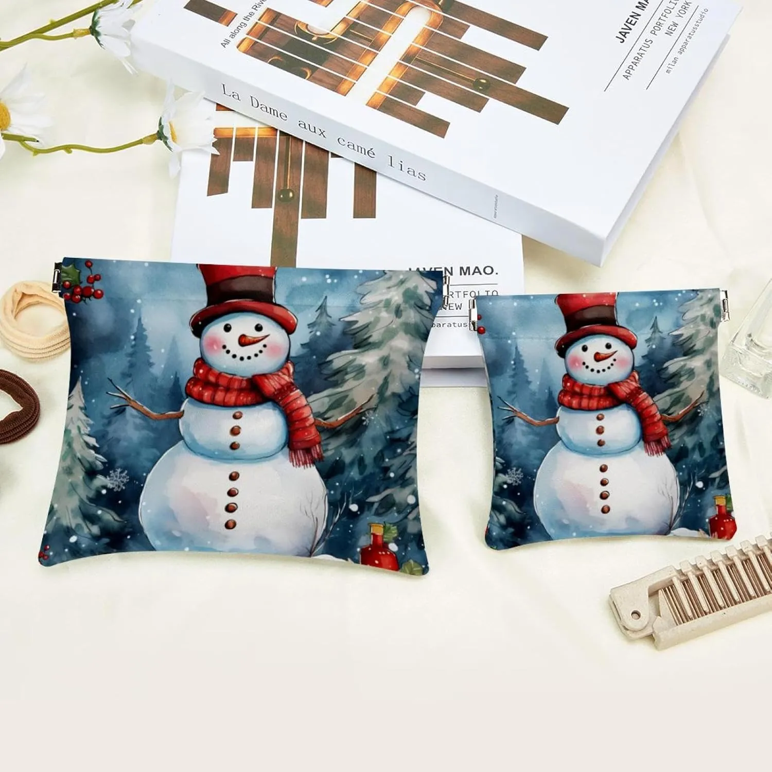 Small Pocket Cosmetic Bag, Squeeze Top Travel Makeup Bag for Purse, No Zipper Self-Closing Mini Makeup Pouch for Women Girls, Cute Christmas Snowman-1831