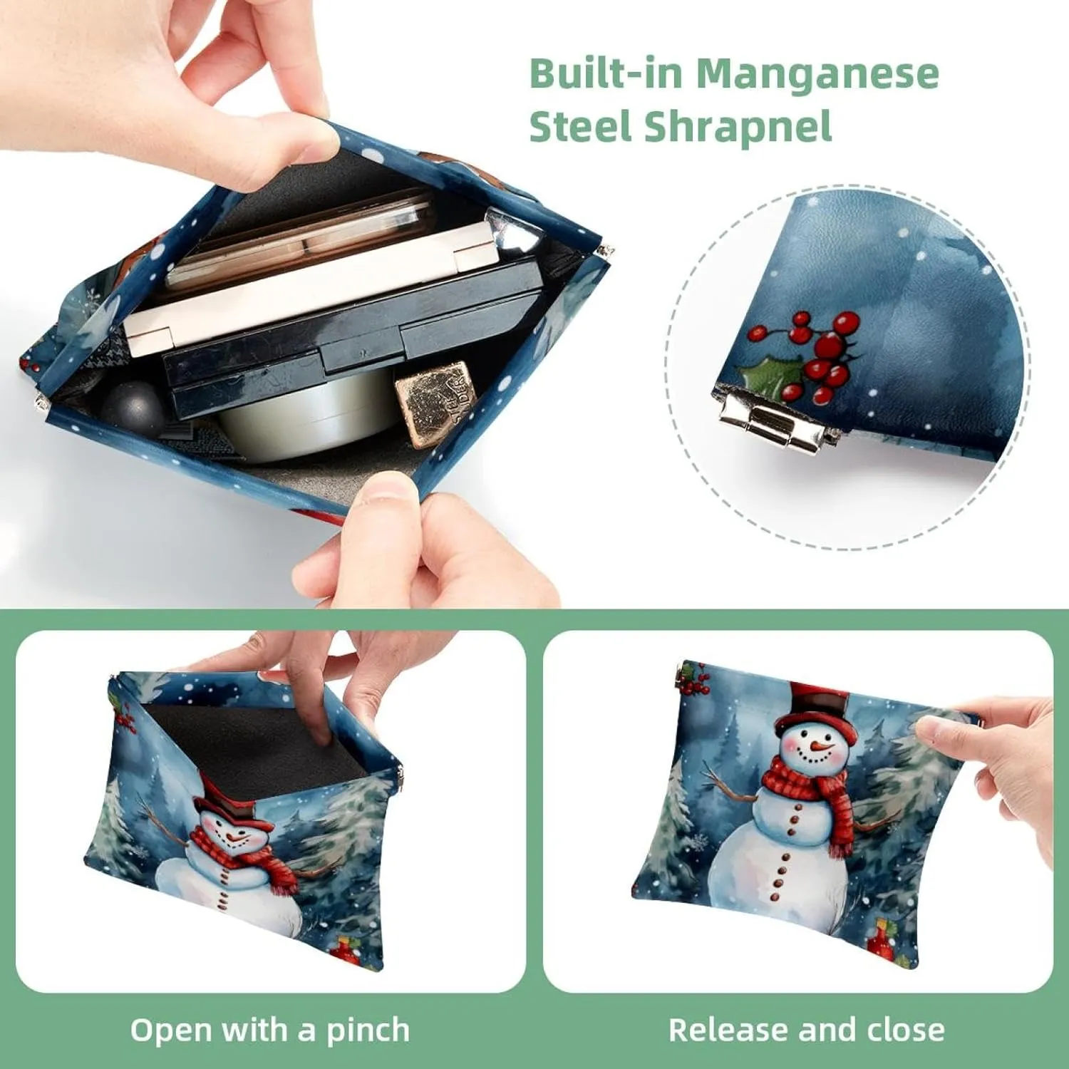 Small Pocket Cosmetic Bag, Squeeze Top Travel Makeup Bag for Purse, No Zipper Self-Closing Mini Makeup Pouch for Women Girls, Cute Christmas Snowman-1831