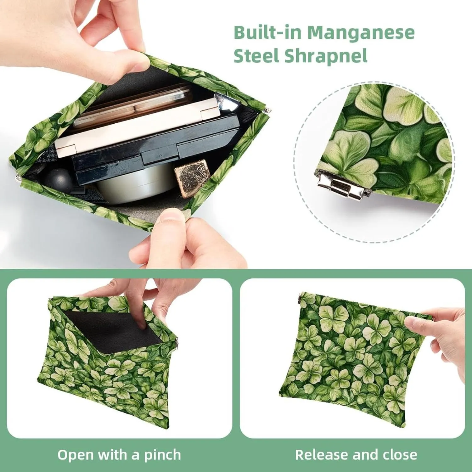 Small Pocket Cosmetic Bag, Squeeze Top Travel Makeup Bag for Purse, No Zipper Self-Closing Mini Makeup Pouch for Women Girls, St. Patrick's Day Little Shamrocks Seamless Pattern