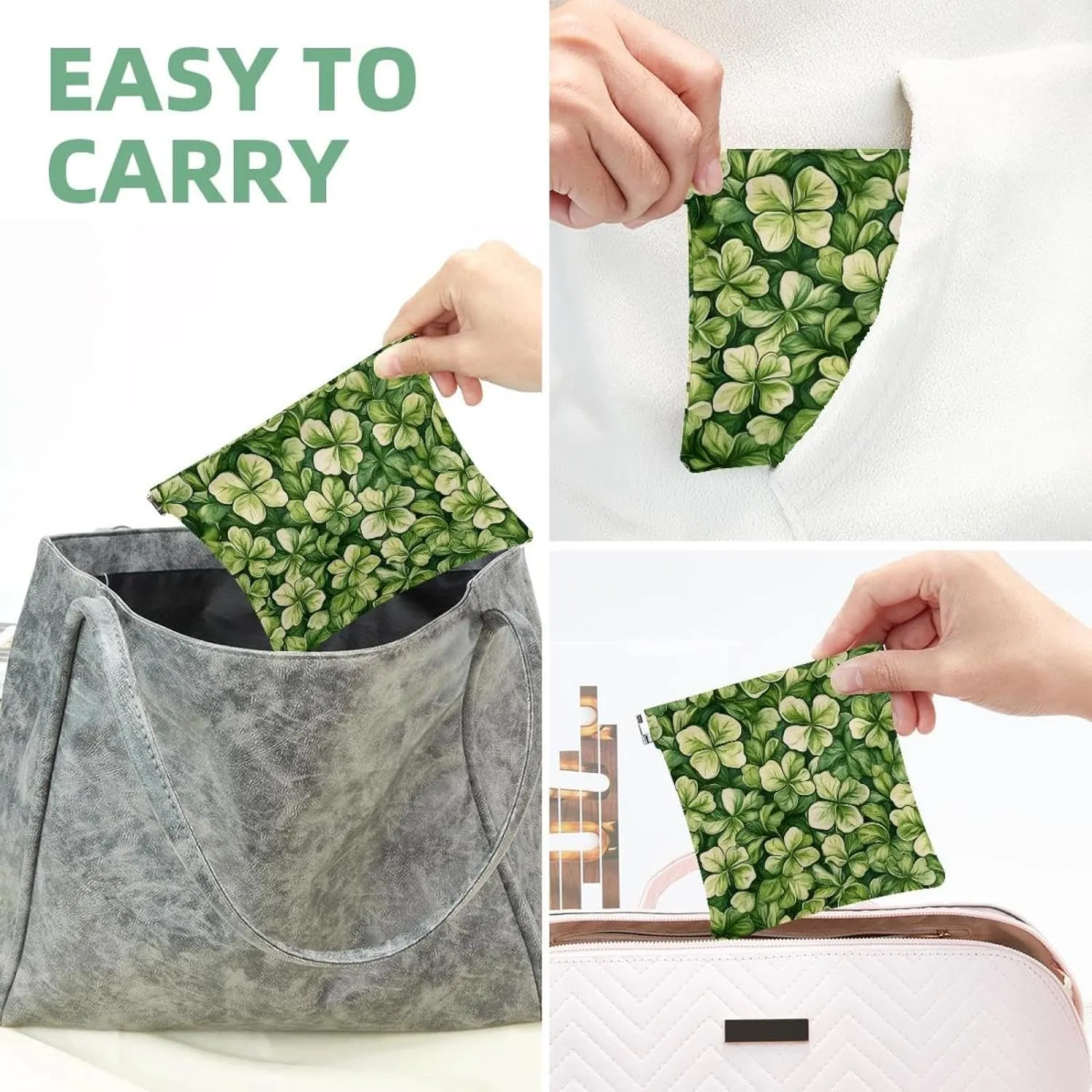 Small Pocket Cosmetic Bag, Squeeze Top Travel Makeup Bag for Purse, No Zipper Self-Closing Mini Makeup Pouch for Women Girls, St. Patrick's Day Little Shamrocks Seamless Pattern