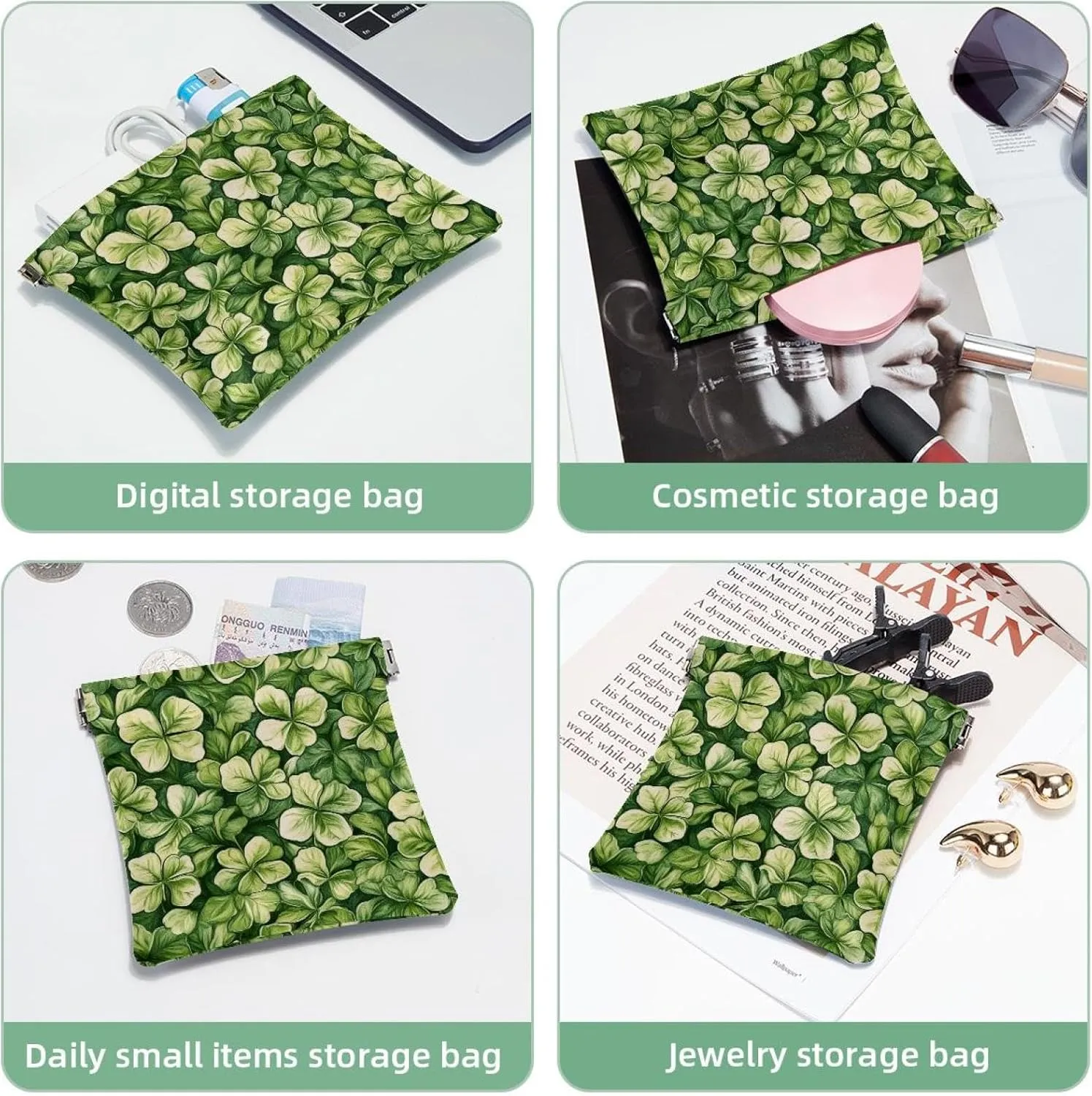 Small Pocket Cosmetic Bag, Squeeze Top Travel Makeup Bag for Purse, No Zipper Self-Closing Mini Makeup Pouch for Women Girls, St. Patrick's Day Little Shamrocks Seamless Pattern
