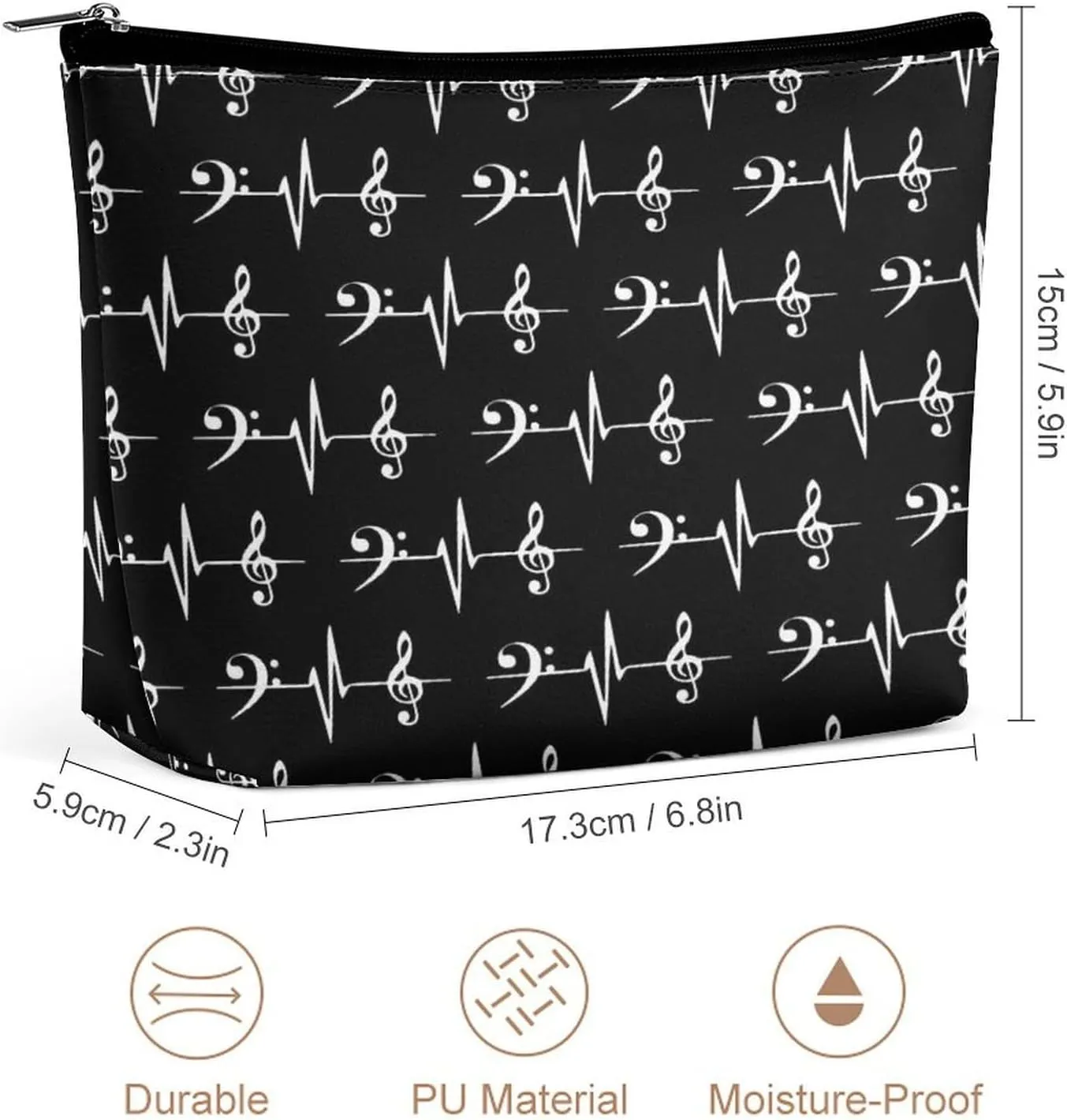 Small PU Makeup Bag Lightweight Zipper Cosmetic Bag Travel Pouch Storage Bag Waterproof Portable Makeup Pouch Organizer Accessory for Women (Music Notes Heartbeat Art)