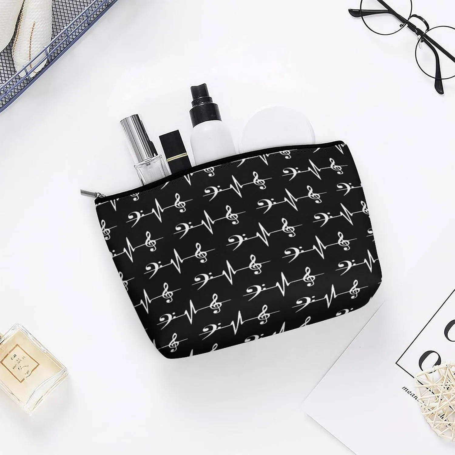 Small PU Makeup Bag Lightweight Zipper Cosmetic Bag Travel Pouch Storage Bag Waterproof Portable Makeup Pouch Organizer Accessory for Women (Music Notes Heartbeat Art)