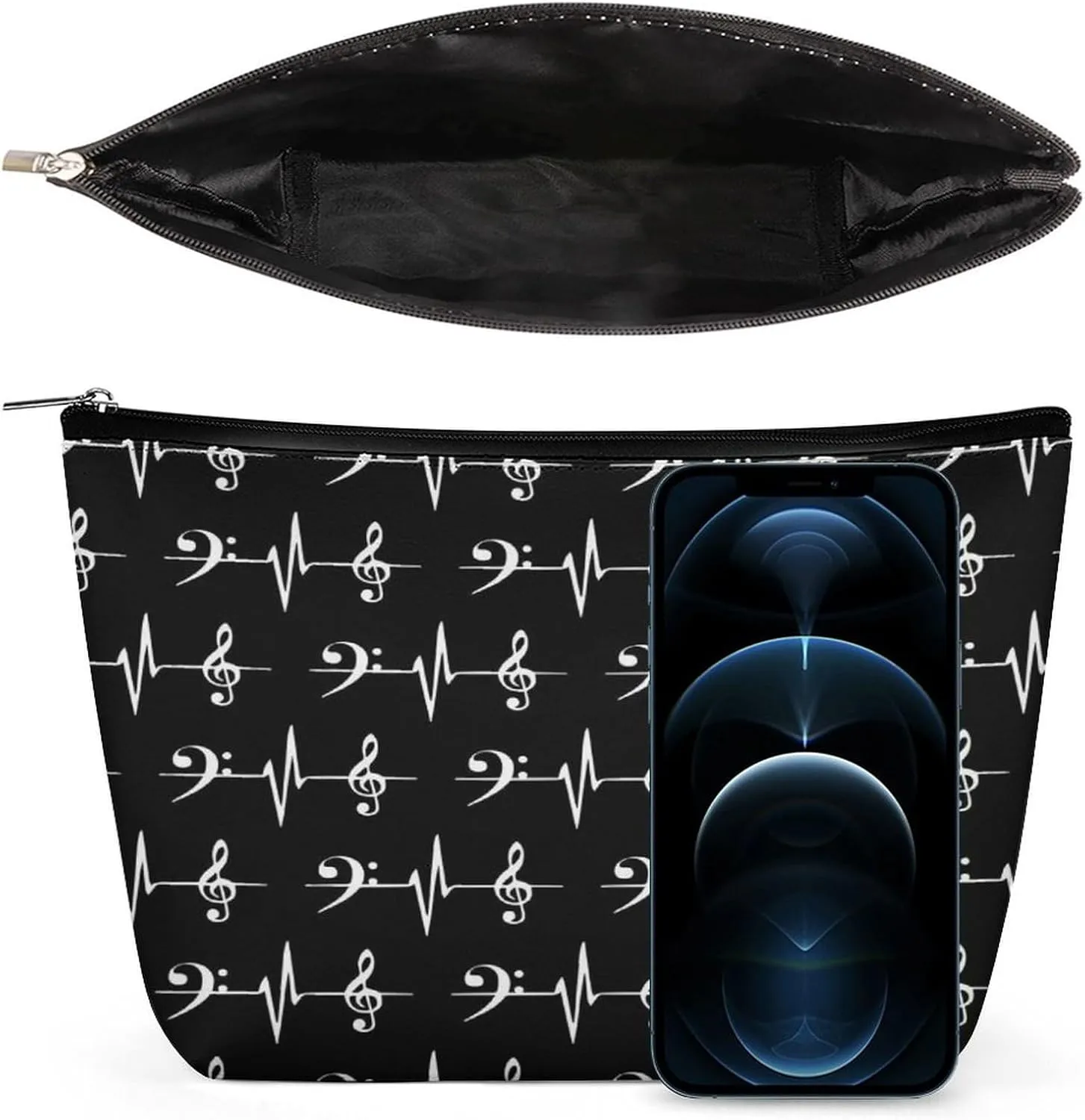 Small PU Makeup Bag Lightweight Zipper Cosmetic Bag Travel Pouch Storage Bag Waterproof Portable Makeup Pouch Organizer Accessory for Women (Music Notes Heartbeat Art)