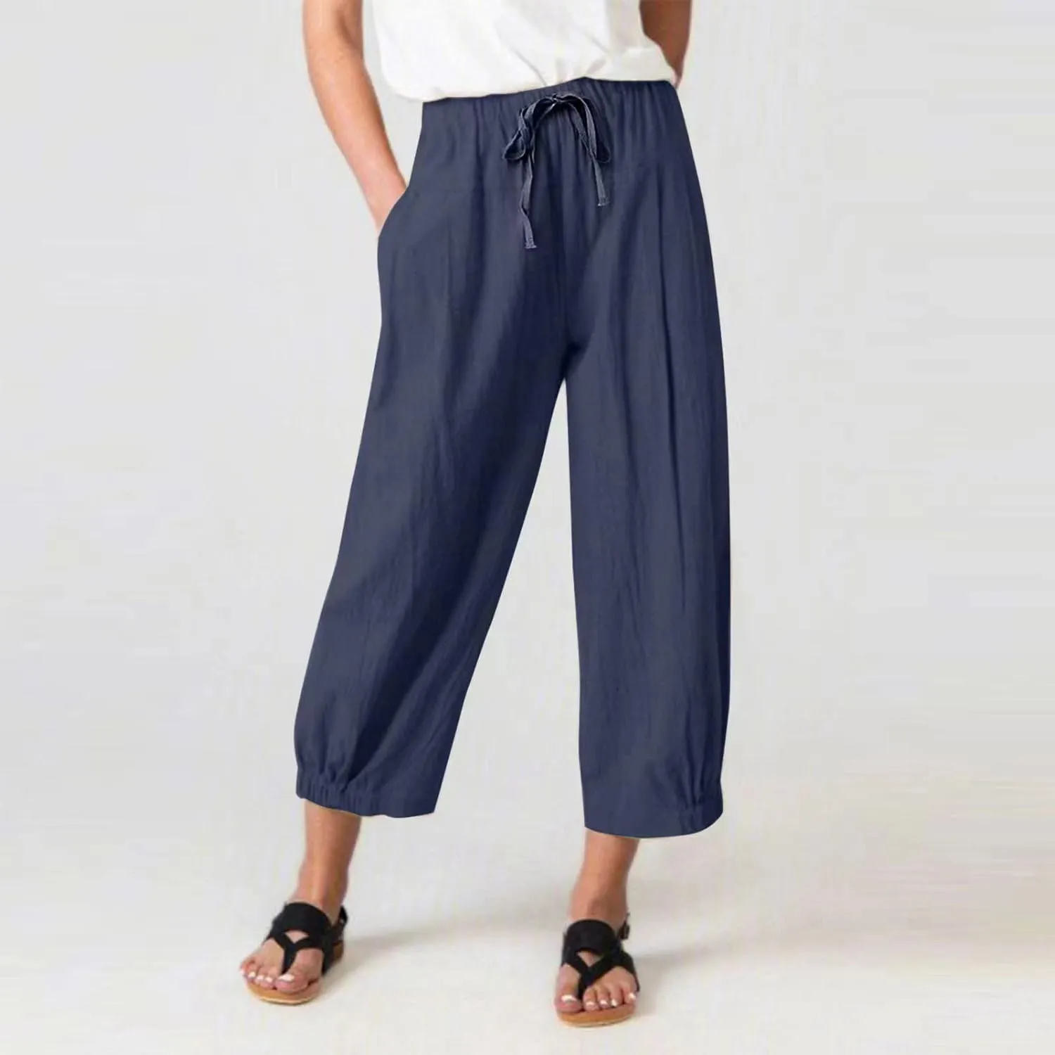 SMIDOW Womens Cotton and Linen Pants Drawstring High Waisted Wide Leg Pant Casual Loose Cropped Trousers with Pockets