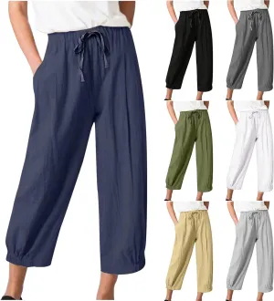 SMIDOW Womens Cotton and Linen Pants Drawstring High Waisted Wide Leg Pant Casual Loose Cropped Trousers with Pockets