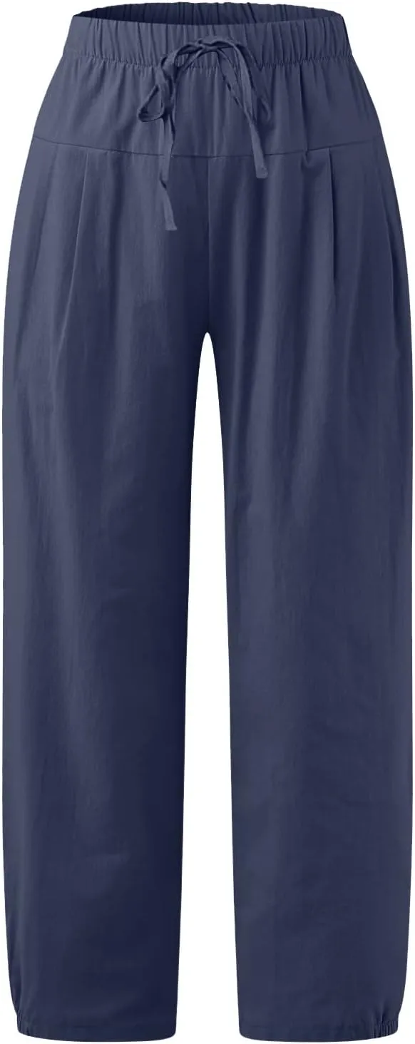 SMIDOW Womens Cotton and Linen Pants Drawstring High Waisted Wide Leg Pant Casual Loose Cropped Trousers with Pockets