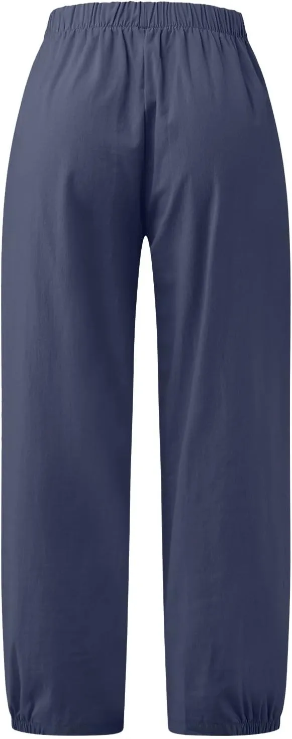 SMIDOW Womens Cotton and Linen Pants Drawstring High Waisted Wide Leg Pant Casual Loose Cropped Trousers with Pockets