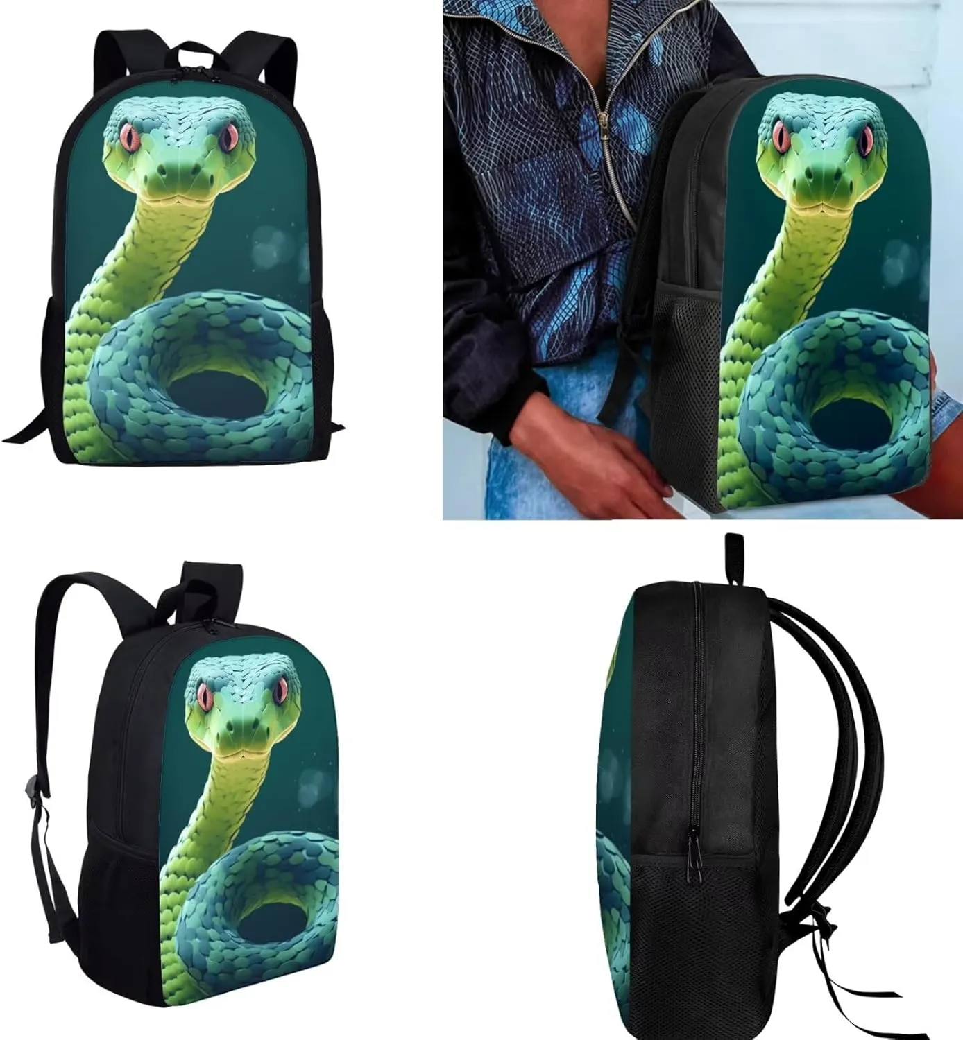 Snake Backpack for Girls Kids Backpack with Lunch Box Water Bottle Pouch and Pencil Holder for Classroom 4Pcs Set 17" Lightweight Elementary Bookbag Large Capacity School Bag with Side Pocket
