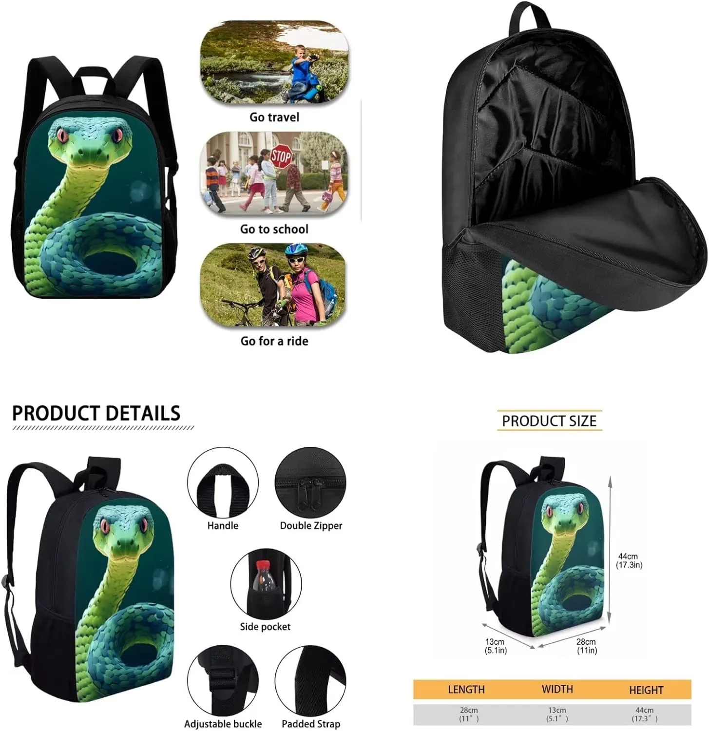 Snake Backpack for Girls Kids Backpack with Lunch Box Water Bottle Pouch and Pencil Holder for Classroom 4Pcs Set 17" Lightweight Elementary Bookbag Large Capacity School Bag with Side Pocket