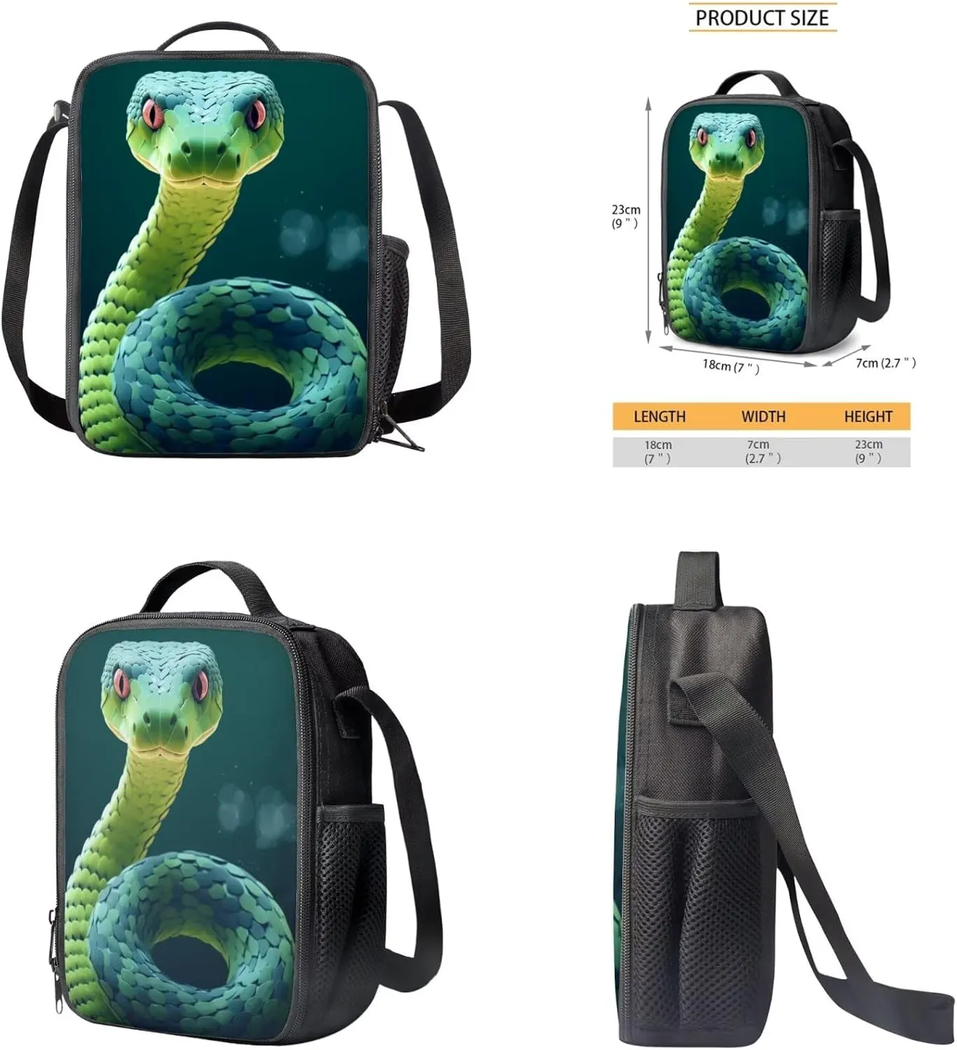 Snake Backpack for Girls Kids Backpack with Lunch Box Water Bottle Pouch and Pencil Holder for Classroom 4Pcs Set 17" Lightweight Elementary Bookbag Large Capacity School Bag with Side Pocket