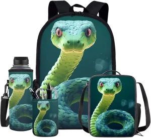 Snake Backpack for Girls Kids Backpack with Lunch Box Water Bottle Pouch and Pencil Holder for Classroom 4Pcs Set 17" Lightweight Elementary Bookbag Large Capacity School Bag with Side Pocket
