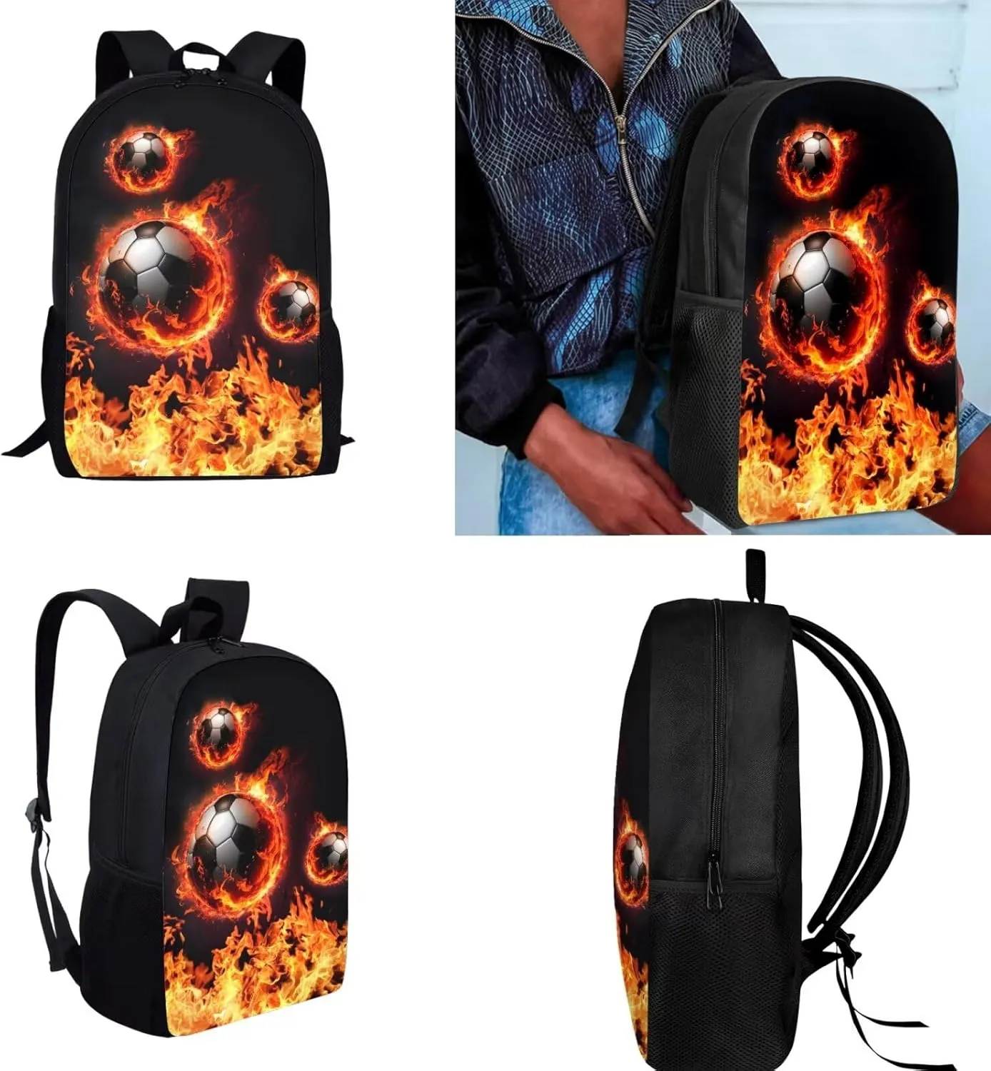 Soccer Backpack for Boys Kids Backpack with Lunch Box Water Bottle Holder and Pen Holder 4 in 1 Cool Bookbag Set for School Teens 17 inch Sturdy School Bag with Side Pocket for Elementary Boys