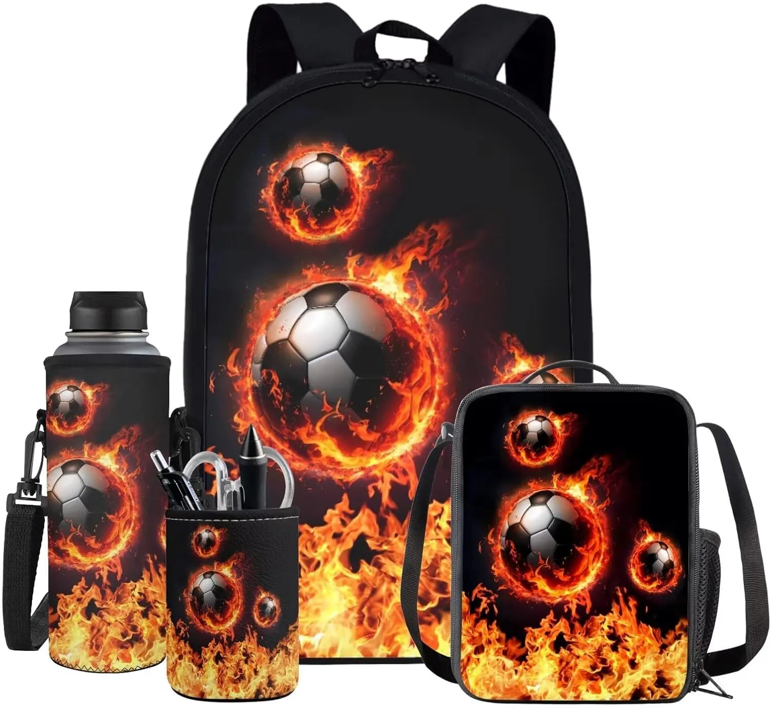 Soccer Backpack for Boys Kids Backpack with Lunch Box Water Bottle Holder and Pen Holder 4 in 1 Cool Bookbag Set for School Teens 17 inch Sturdy School Bag with Side Pocket for Elementary Boys
